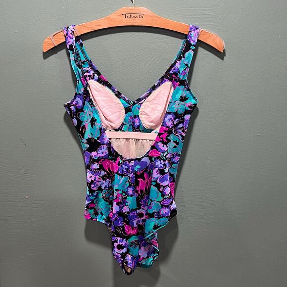 Maxine of Hollywood Floral One Piece Swimsuit Purple Turquoise Pink - Picture 3 of 5